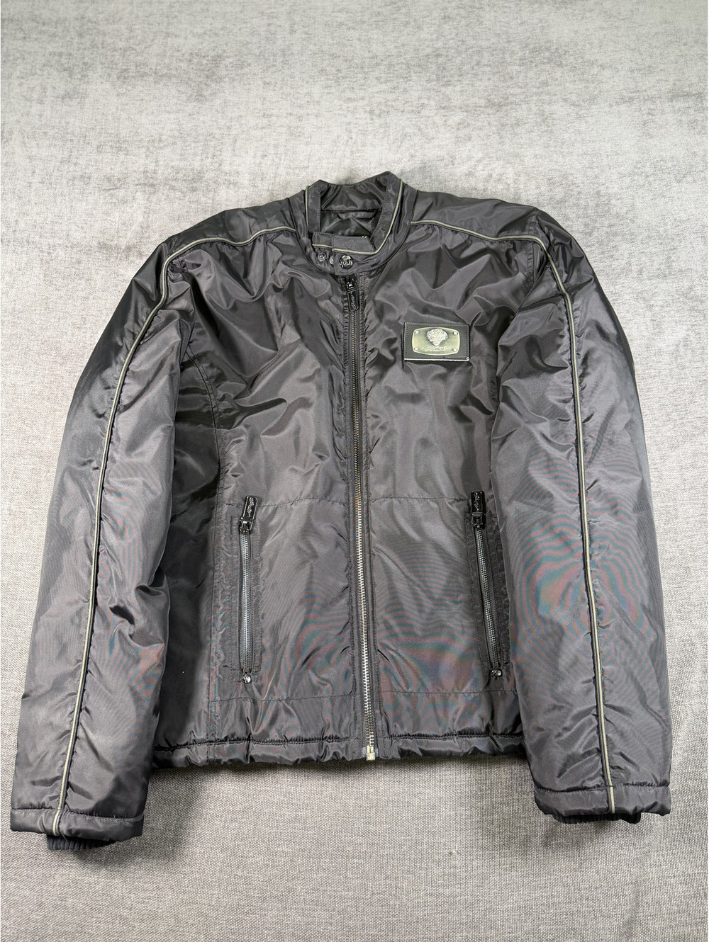 Ed Hardy Christian Audigier Black Nylon Jacket with Metal Logo Patch, Size Large